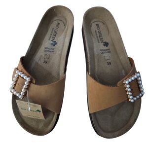 Bio Green - NEW Made in Spain Big Tonal Pearl Buckle Slides in Cognac Suede